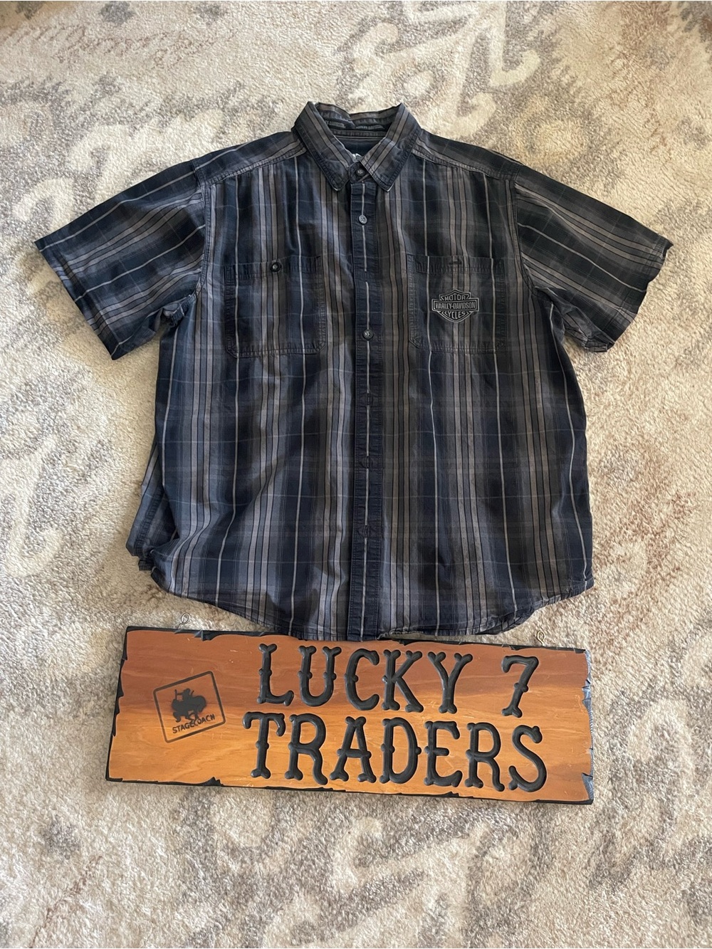 Harley-Davidson Black and Gray Striped Short-Sleeve Button-Down Shirt